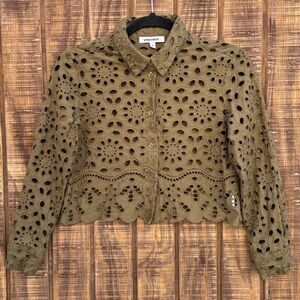 Vigoss Olive Green Eyelet Long Sleeve Cropped Blouse